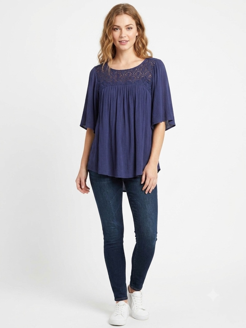 Tantrums Navy Crochet Yoke Flutter Sleeve Top